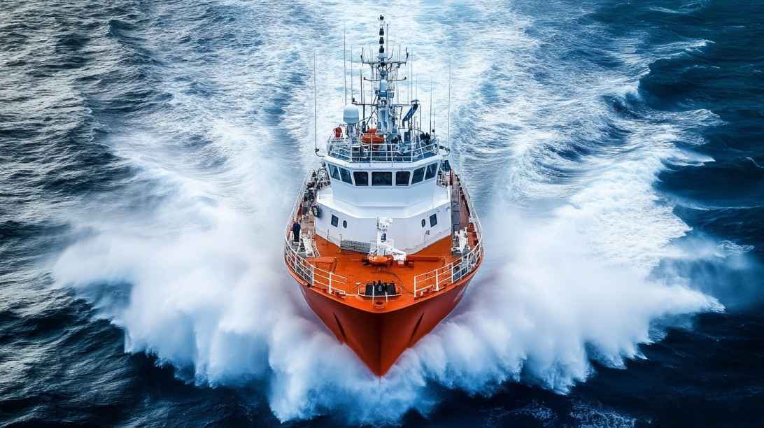 A powerful Coast Guard vessel cutting through ocean waves, viewed from the front