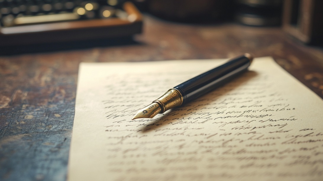Close-up of a fountain pen resting on a handwritten letter placed on a wooden desk