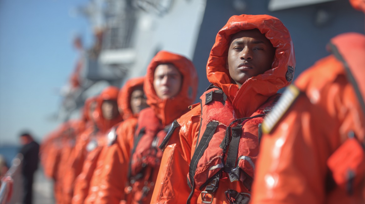 Young recruits in orange survival suits standing in formation aboard a ship during MEPS evaluation