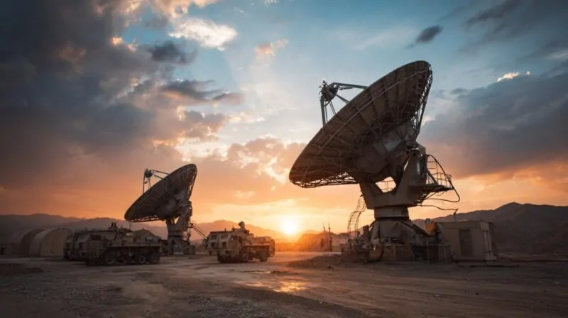 Large military satellite dishes positioned in a desert landscape at sunset, with support vehicles and communication infrastructure visible