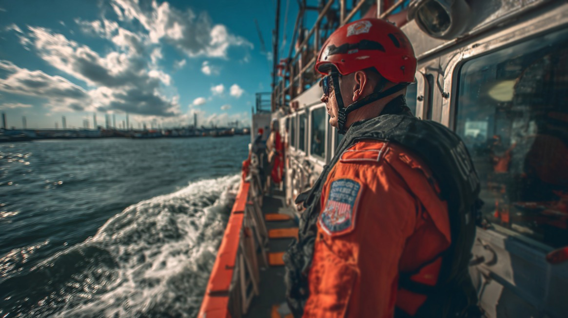 Coast Guard reservist in orange gear and helmet standing on a patrol boat, overlooking the water near a port