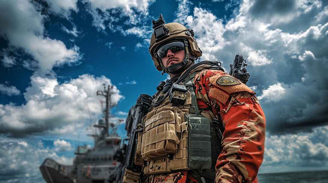 Armed Coast Guard service member in tactical gear standing in front of a ship under a cloudy sky
