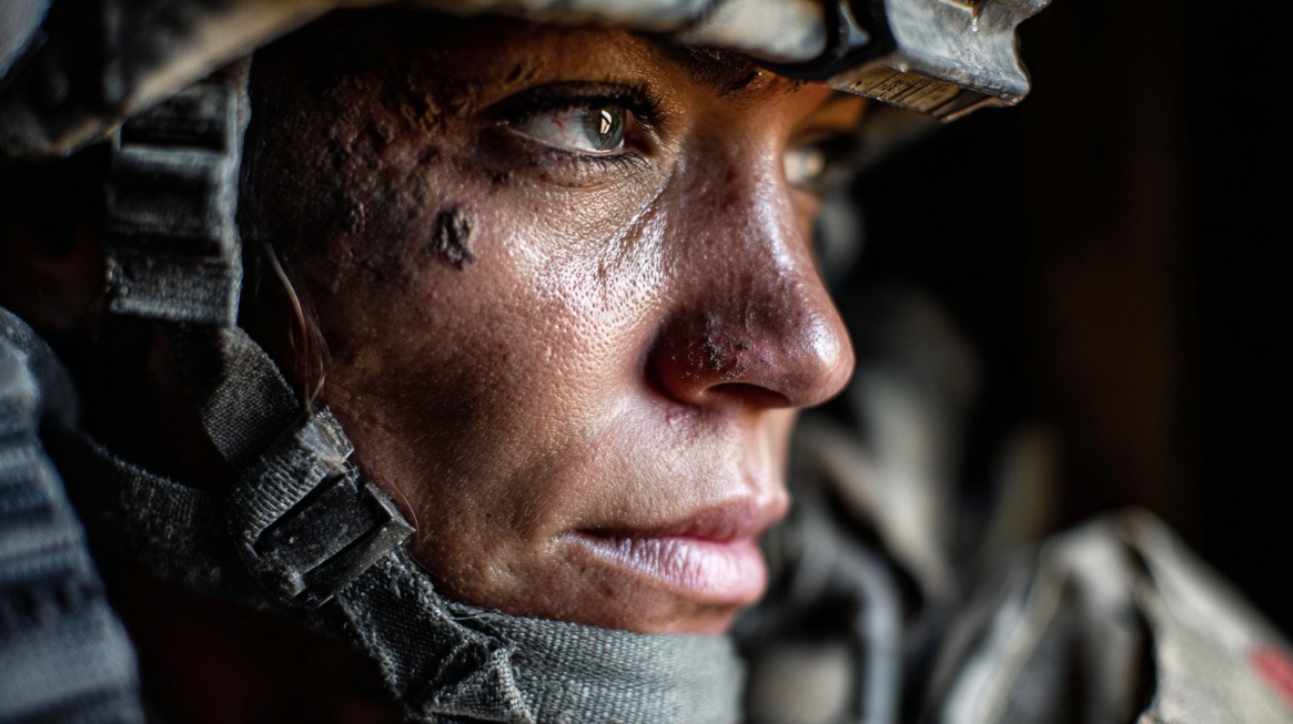 Close-up of a female soldier in combat gear, gazing intensely into the distance with dirt and minor wounds on her face
