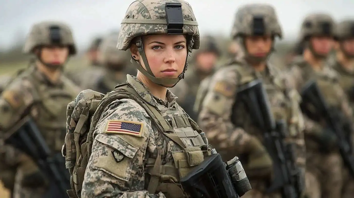 A female soldier in U.S. Army uniform and tactical gear stands confidently in the foreground with fellow soldiers blurred in the background during training