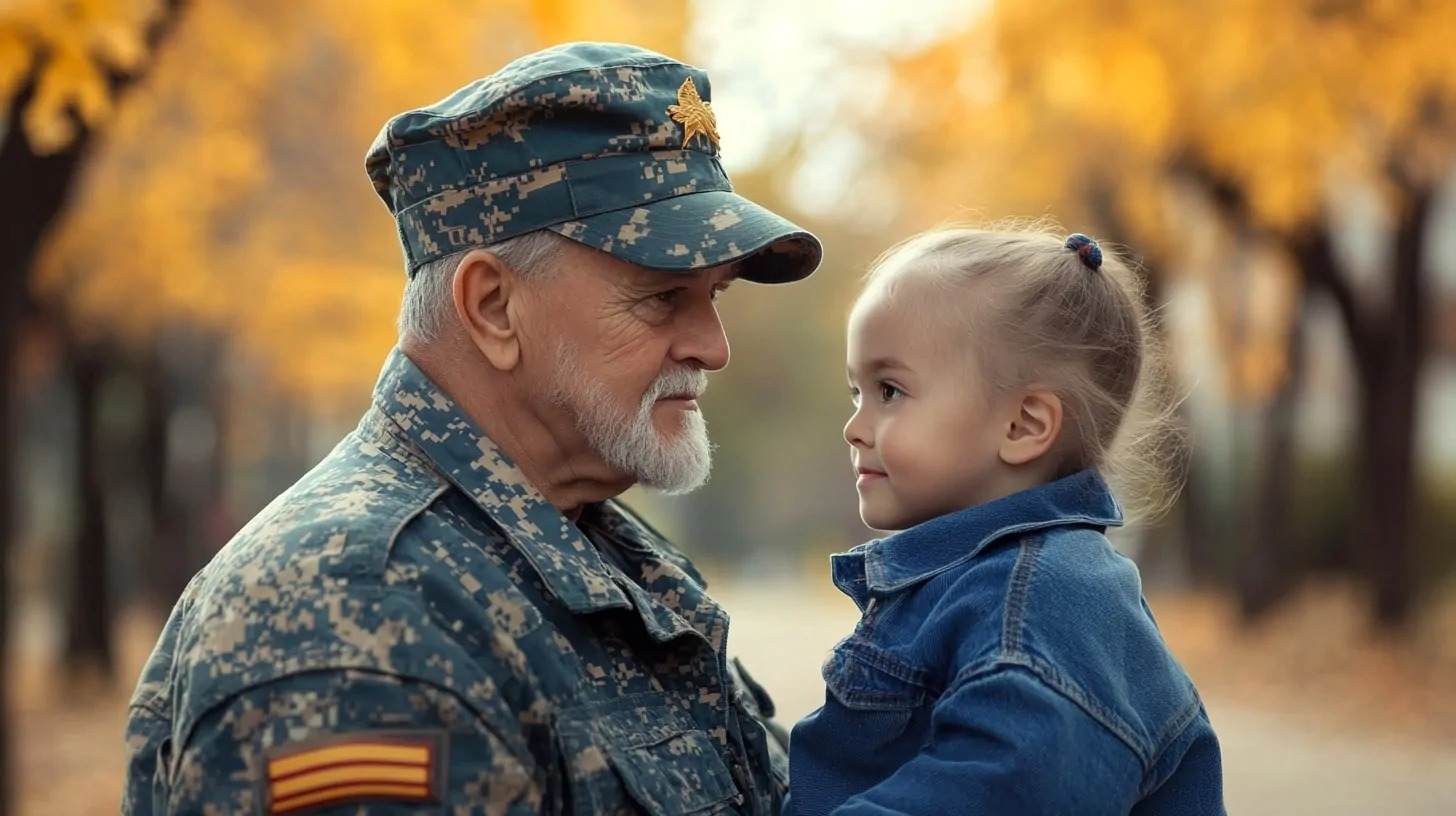 An elderly veteran in military attire smiling at a young girl in a denim jacket, set against a backdrop of autumn trees, showcasing a warm and affectionate connection