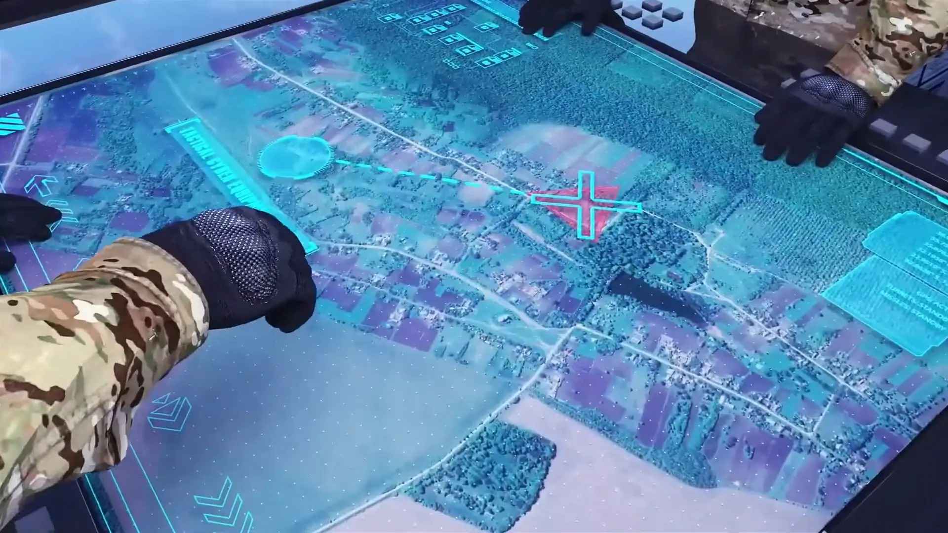 Soldiers using a touchscreen military map interface with terrain data and strategic overlays