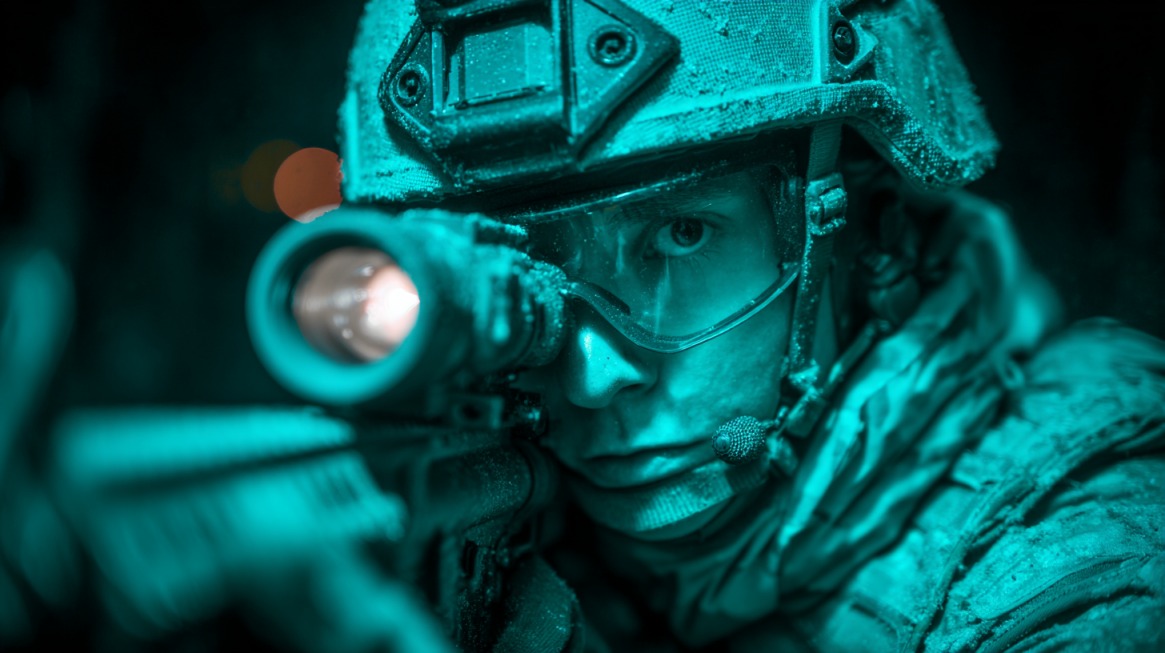 Close-up of a soldier wearing night vision gear and aiming a rifle in low-light conditions