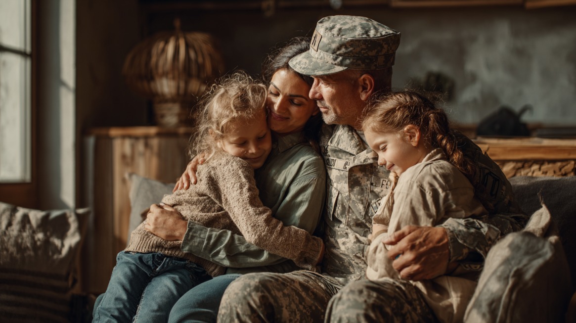 A soldier in uniform embraces his smiling family, including his partner and two children, in a warm home setting