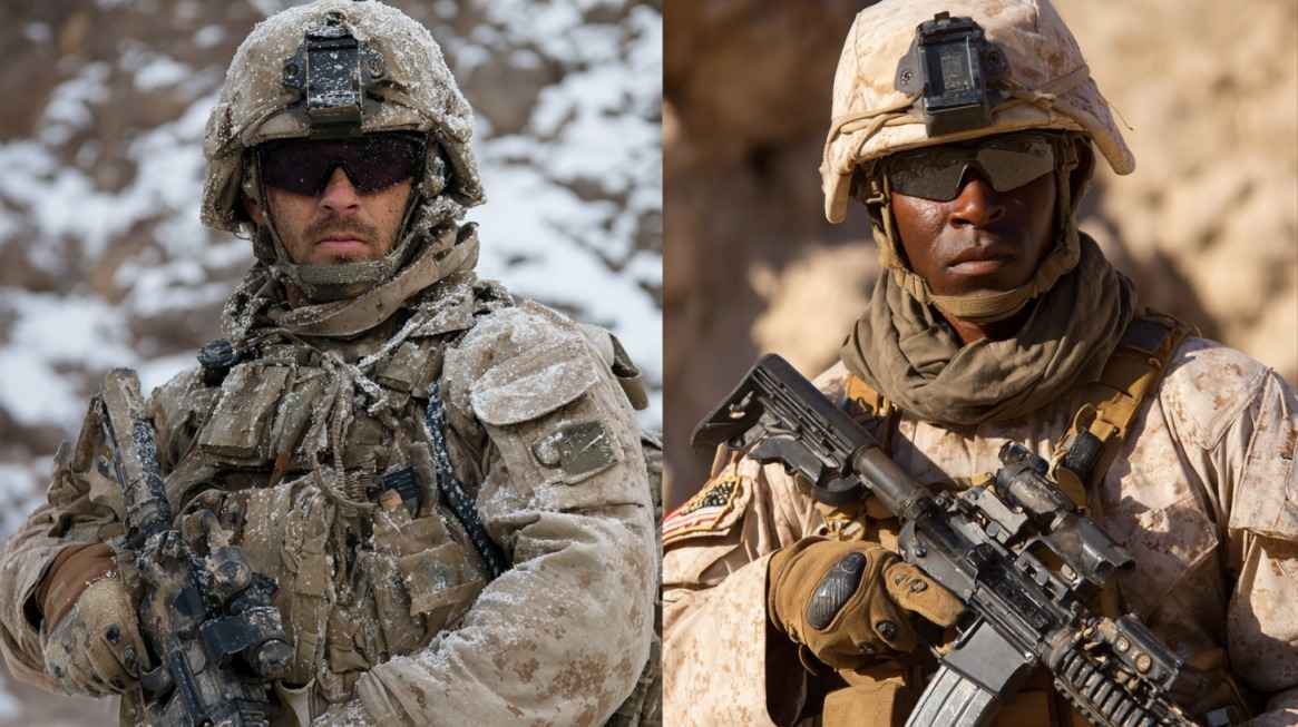 Side-by-side image of two armed U.S. soldiers in combat gear — one in a snowy environment, the other in a desert setting — highlighting differences in climate and uniform adaptation
