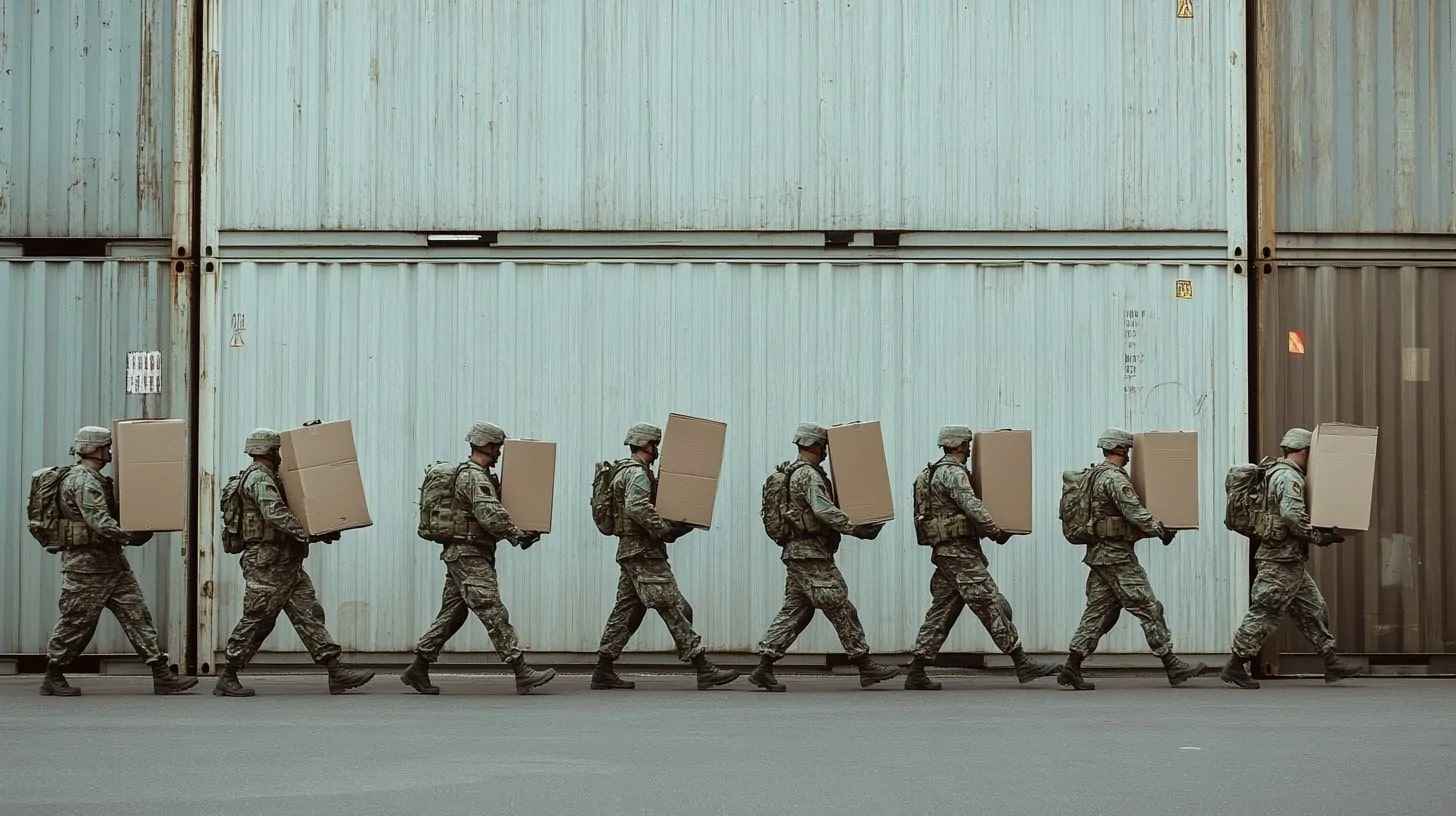 A row of soldiers in uniform carrying cardboard boxes in front of a shipping container backdrop