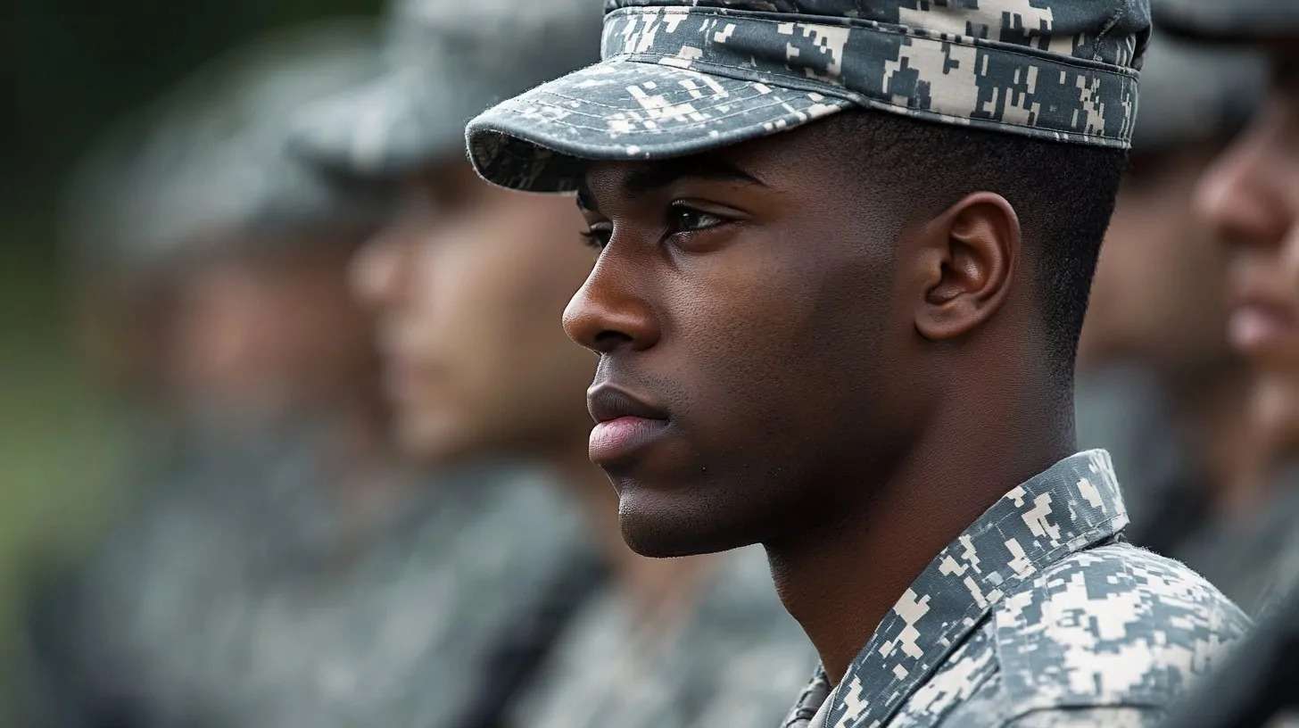 Close-up of a focused young soldier in digital camouflage uniform, standing in formation with other service members in the background