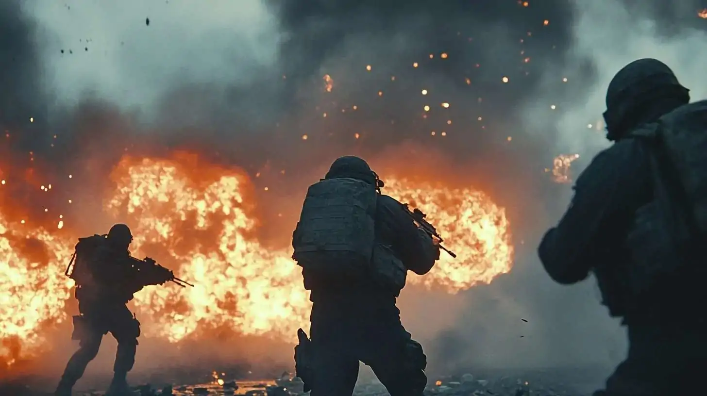 Silhouetted soldiers advancing amid fiery explosions and heavy smoke in an intense battlefield scene