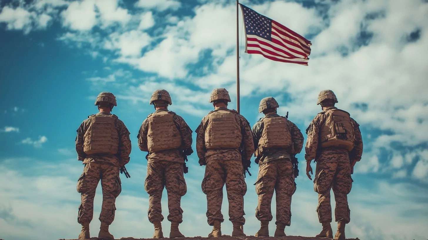 Five U.S. military personnel in uniform stand in a row facing an American flag flying against a bright blue sky with scattered clouds