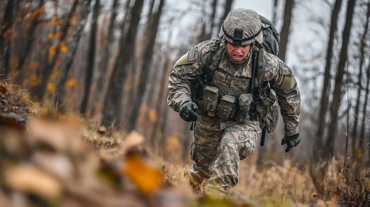 A determined soldier in full gear running uphill through a forest during training exercises, with a focused expression