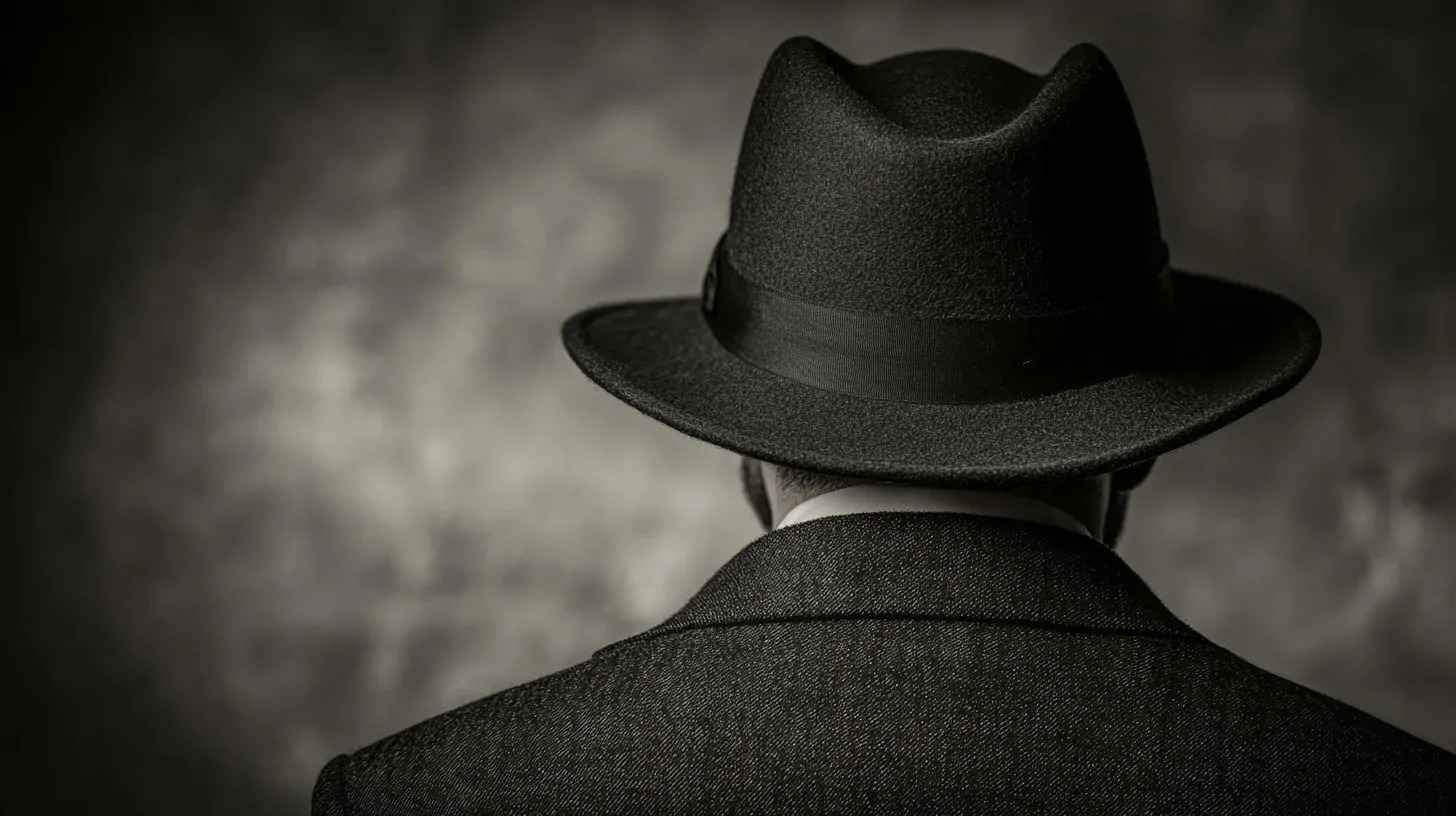 A mysterious figure in a black hat and coat seen from the back, symbolizing secrecy and fraud
