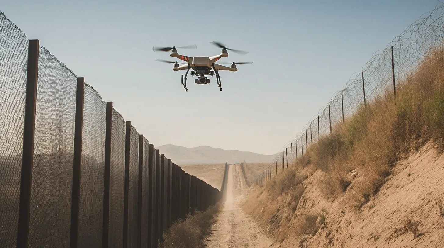 A drone flying above a barbed-wire border fence under a clear sky