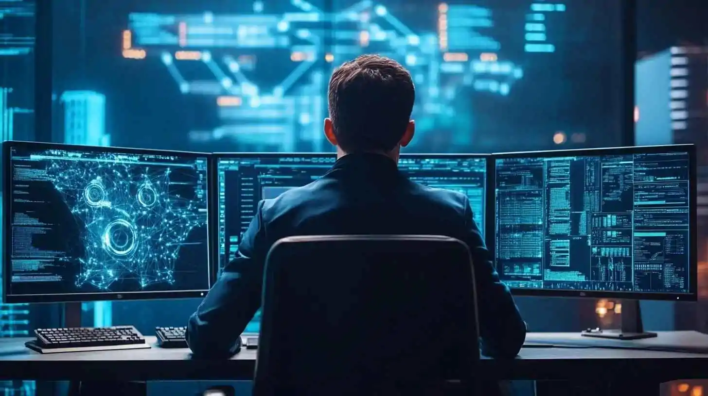 A cybersecurity specialist monitors multiple screens displaying digital security data in a high-tech control room