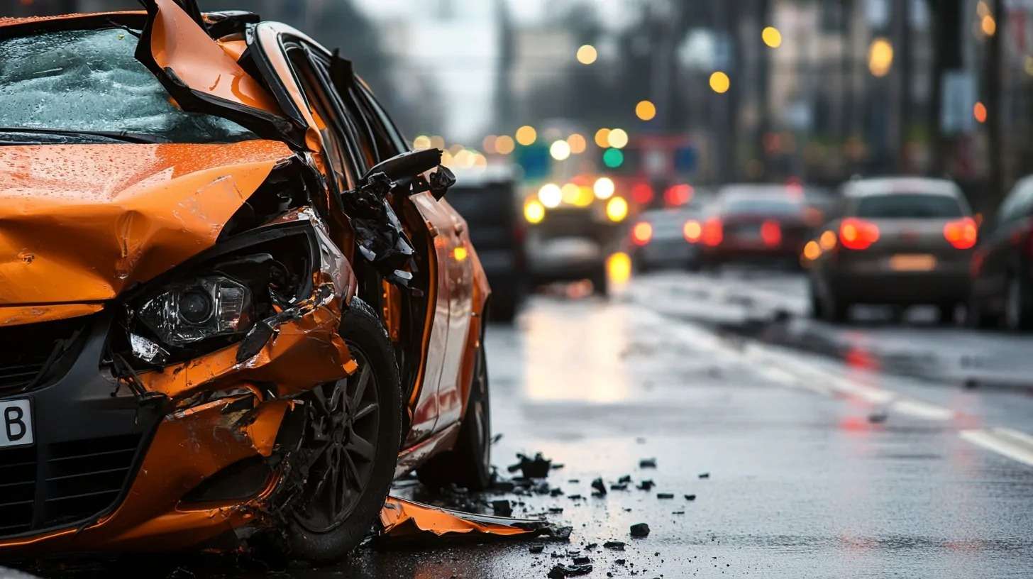 A severely damaged orange car on a wet city road after an accident, with debris scattered and traffic in the background
