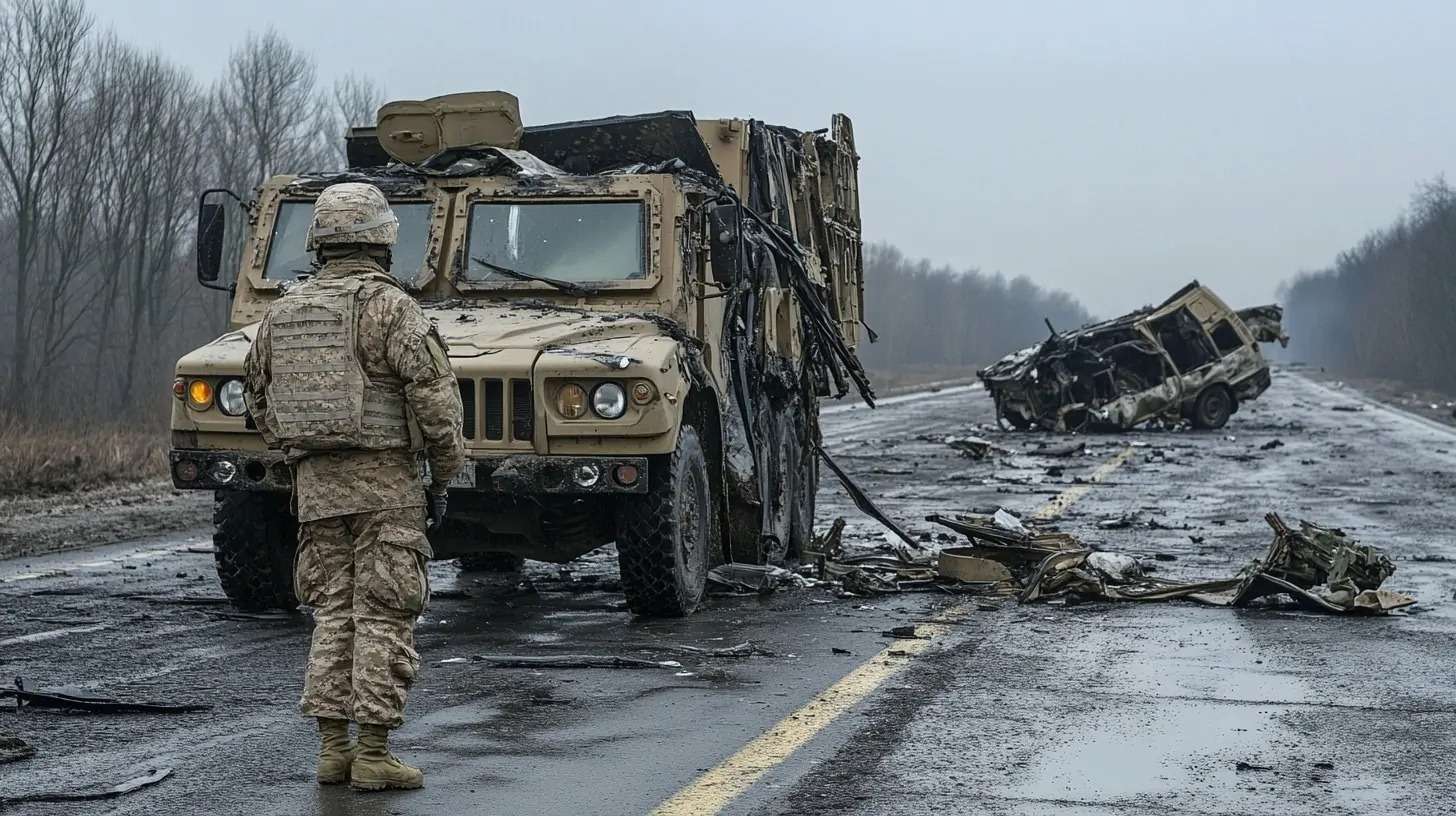 A soldier in military gear stands in front of a destroyed armored vehicle on a war-torn road, with debris and another wrecked vehicle in the distance