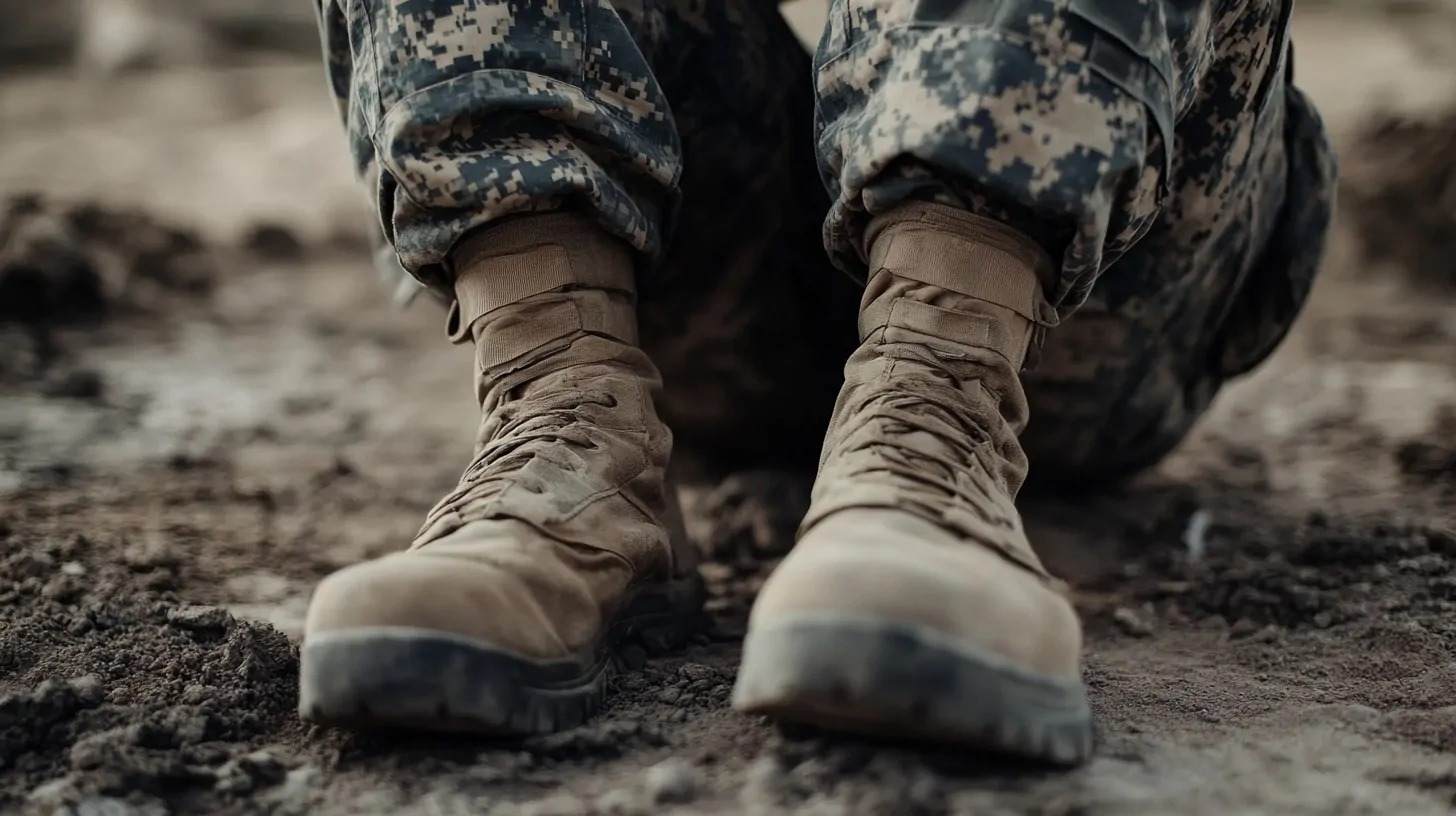 A close-up of a soldier's worn combat boots on dry, rugged ground, with the lower part of camouflage pants visible.