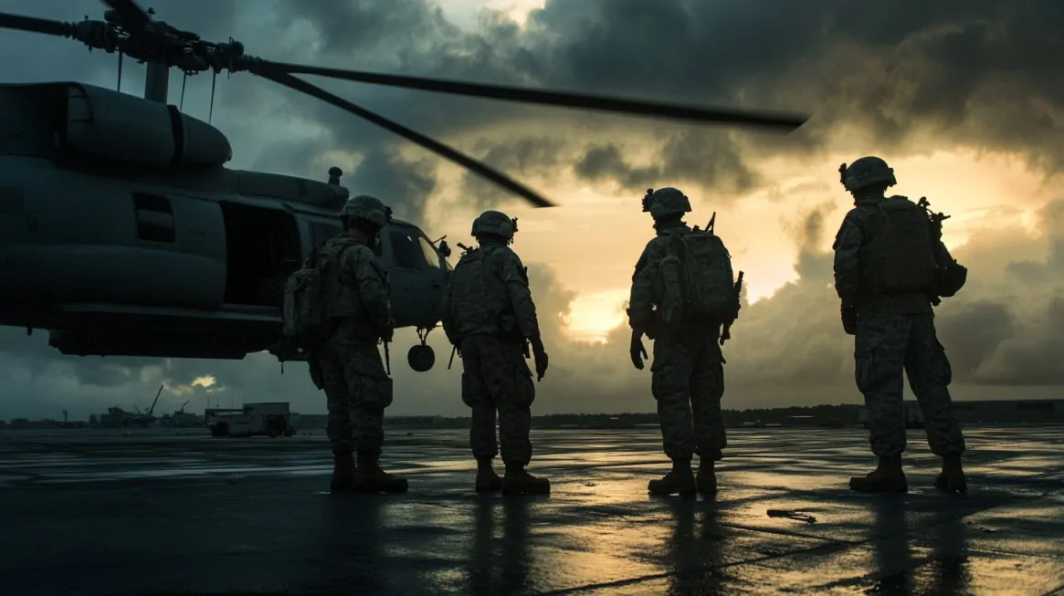 Four U.S. soldiers stand near a military helicopter at sunrise on a wet tarmac