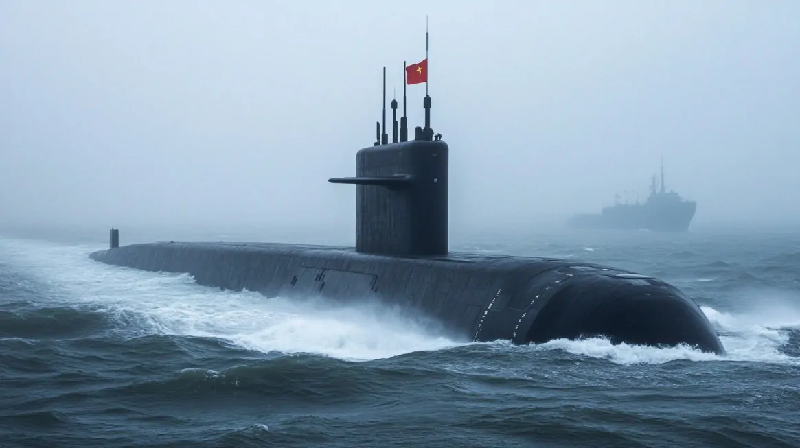 A Chinese military submarine surfaces in rough ocean waters with a Chinese flag and another naval ship in the background