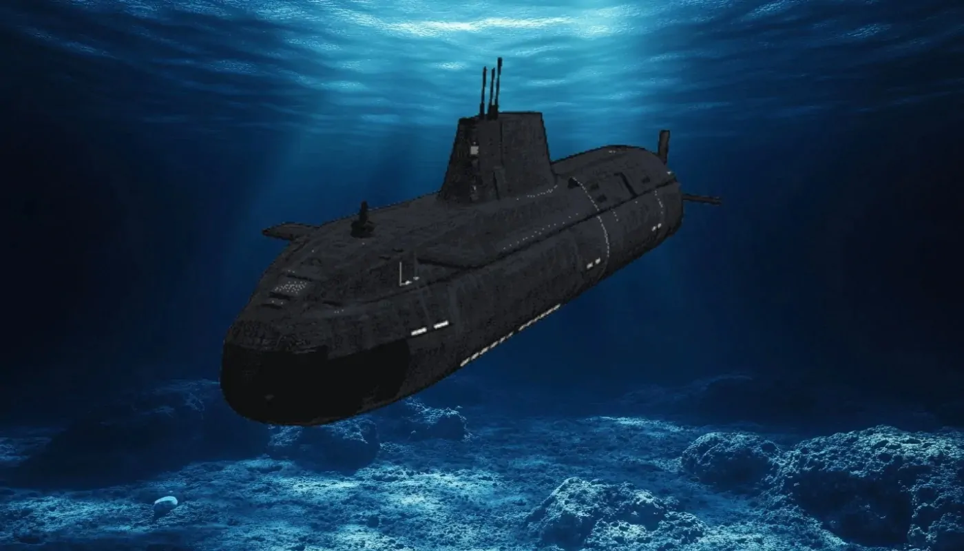 A black military submarine submerged deep underwater with beams of sunlight filtering through the ocean