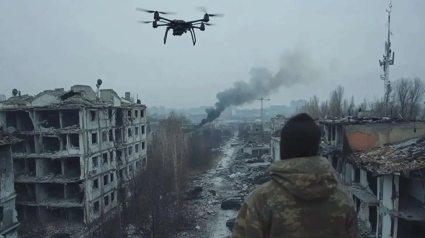 A soldier watches a drone hovering over a war-torn city with destroyed buildings and smoke rising in the distance