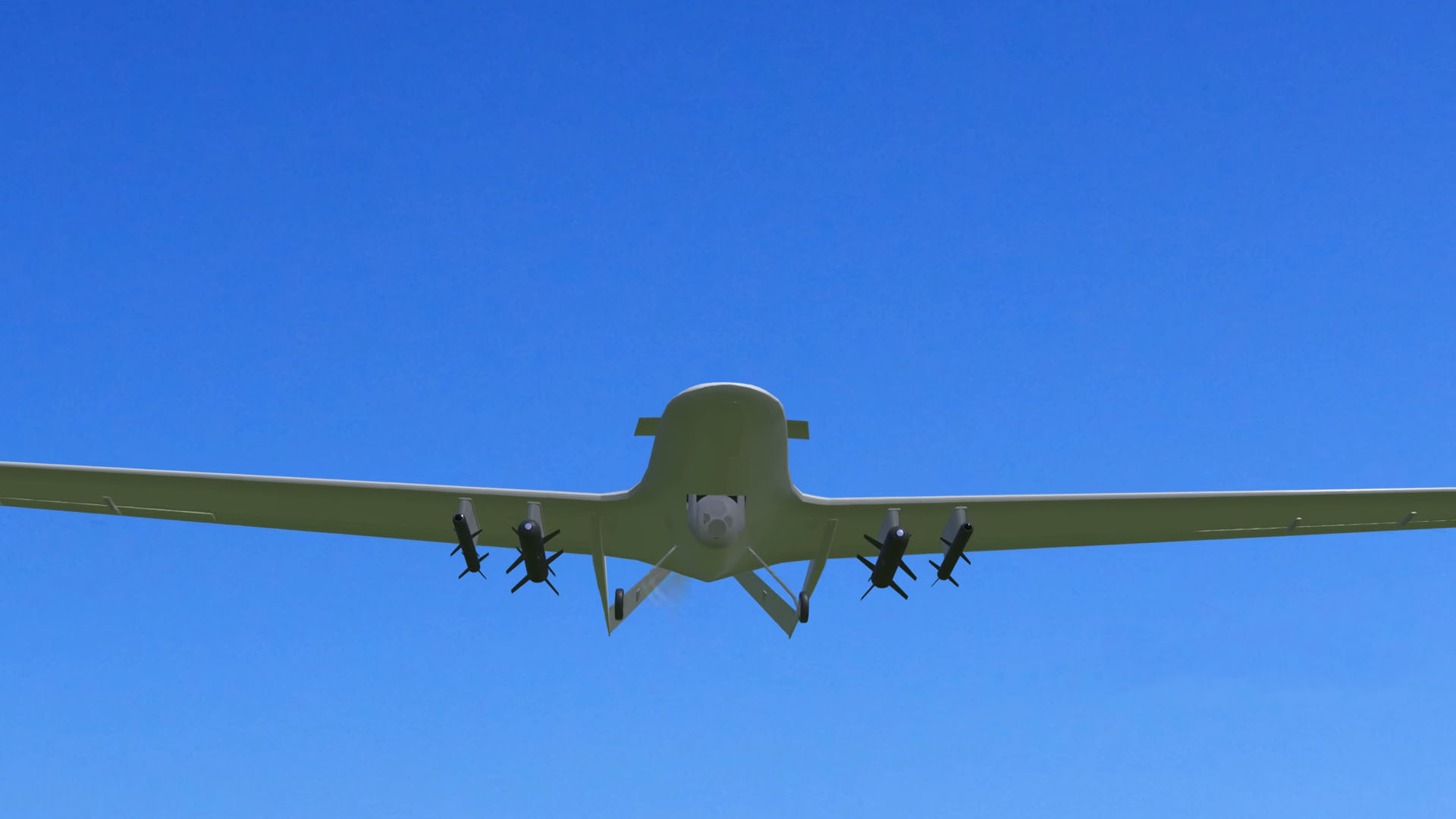 A military drone armed with missiles flying against a clear blue sky.