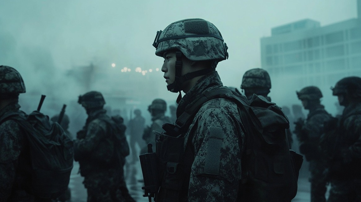 South Korean soldiers in camouflage gear and helmets maneuver through a foggy urban training environment
