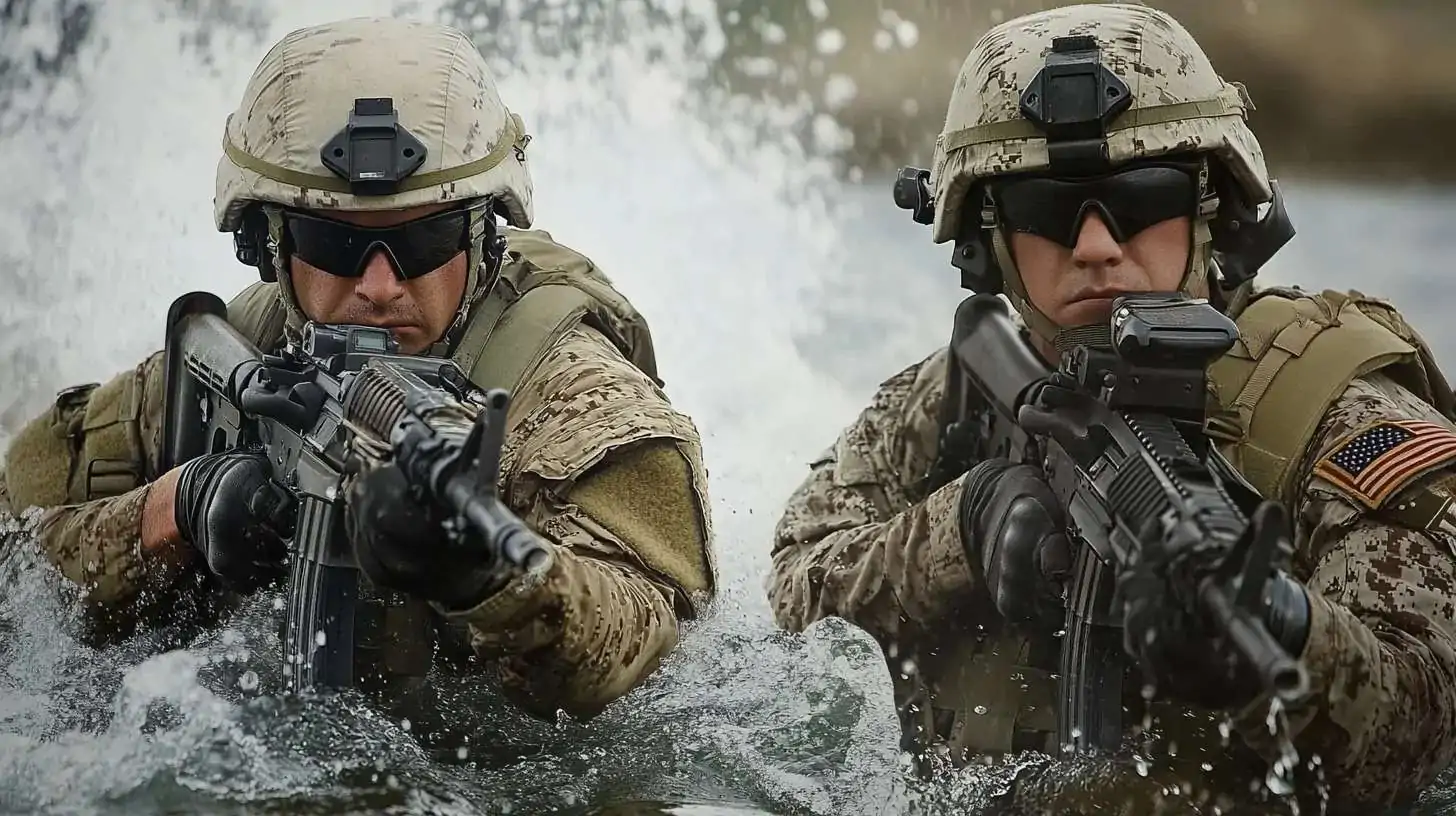 Two U.S. military personnel in tactical gear and helmets emerge from the water aiming rifles, showcasing a high-intensity amphibious operation