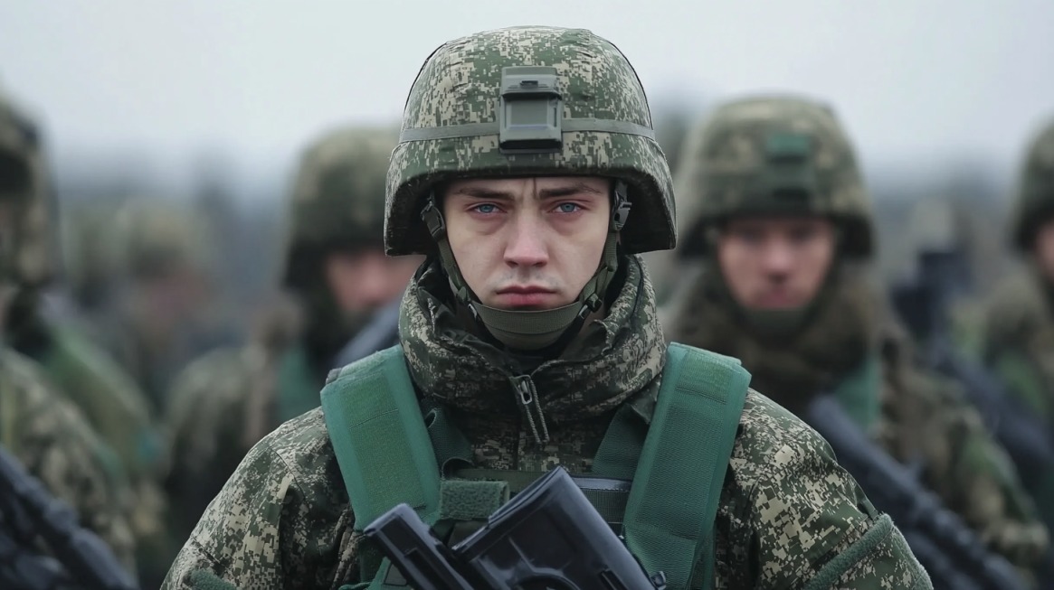 Close-up of a Russian soldier in camouflage uniform and helmet, with fellow soldiers blurred in the background
