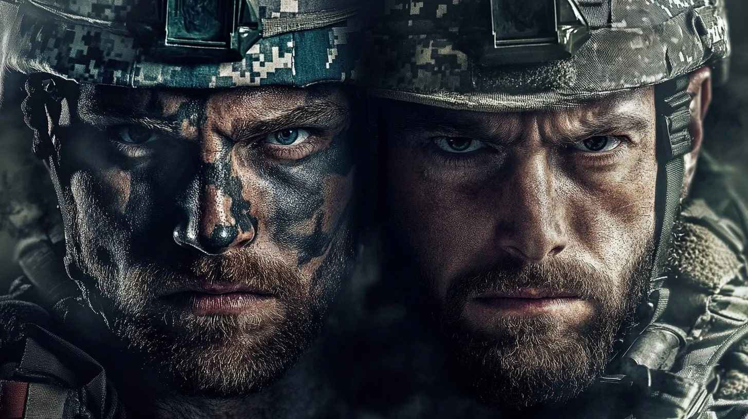 Close-up of two intense soldiers in combat gear, one with face paint and the other bare-faced