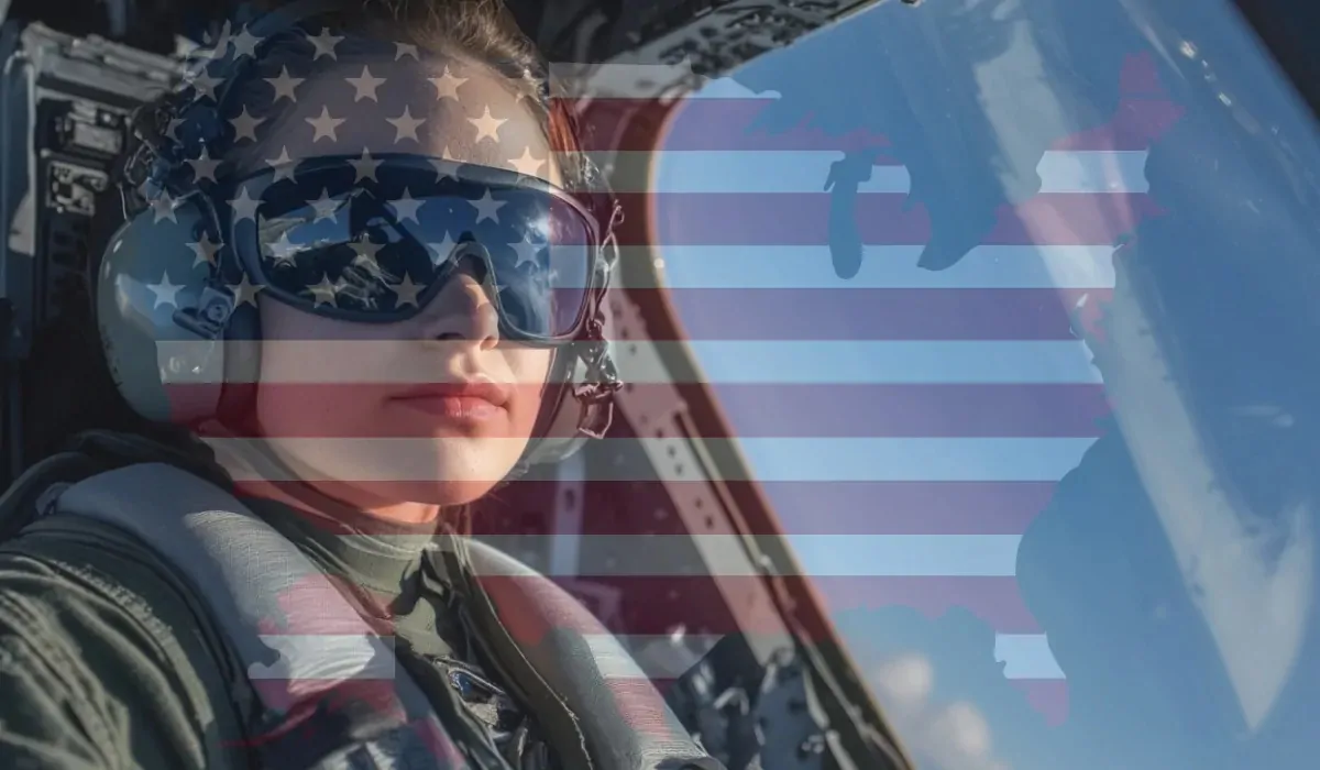 Female U.S. Air Force pilot in a fighter jet cockpit with American flag overlay