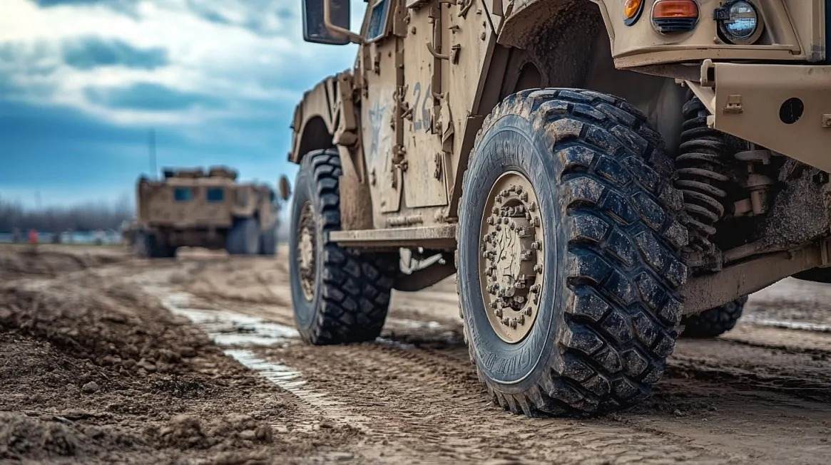 Close-up of rugged tires on an unmanned ground vehicle (UGV) on a muddy terrain with another UGV in the background