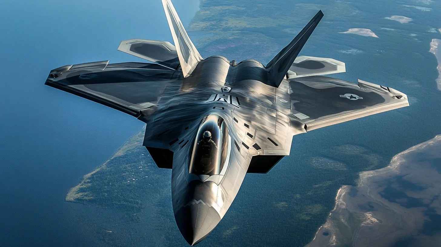 A modern stealth fighter jet flying over a coastal landscape, viewed from above with its cockpit visible