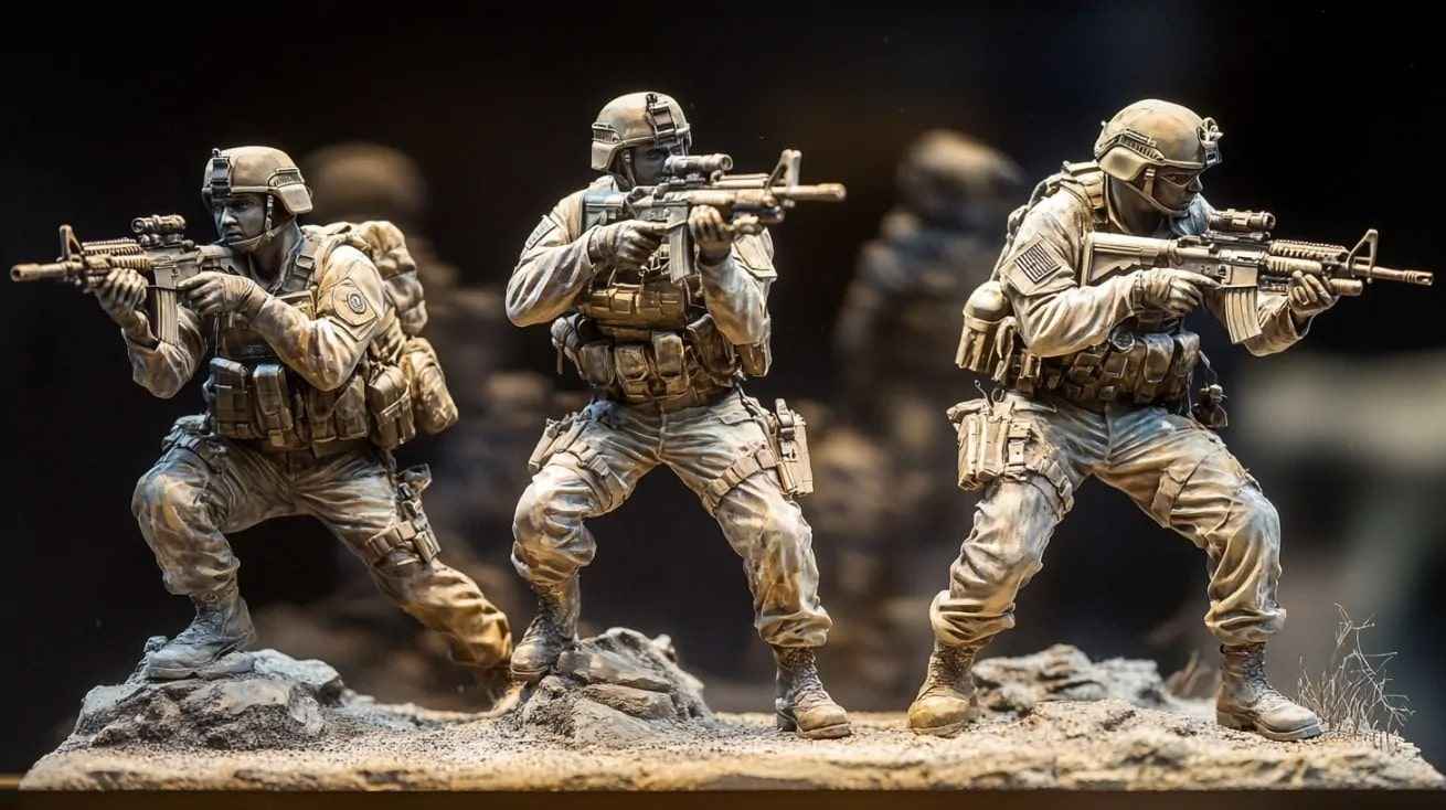 Statues of three armed special ops soldiers in combat-ready stances with tactical gear