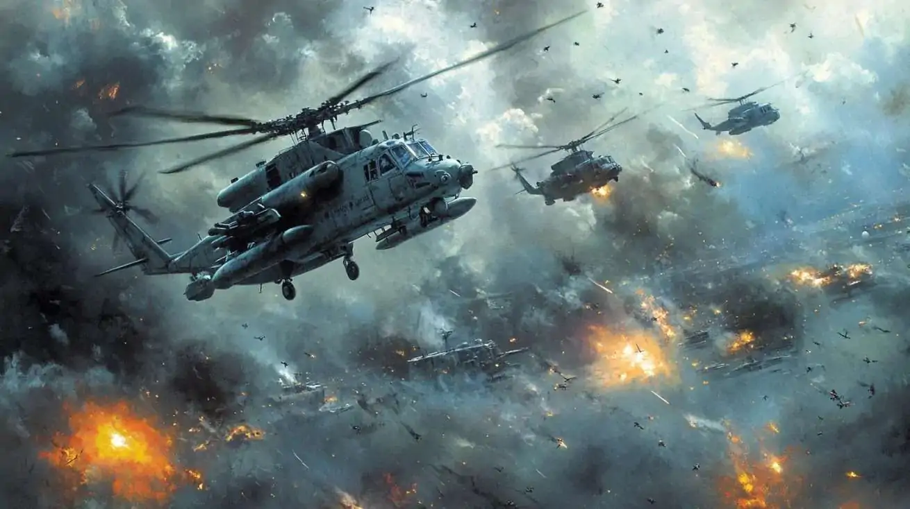 Military helicopters flying over a battlefield with explosions