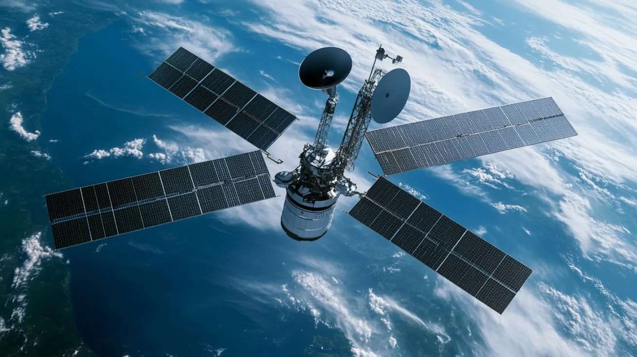 A satellite in space over Earth with solar panels