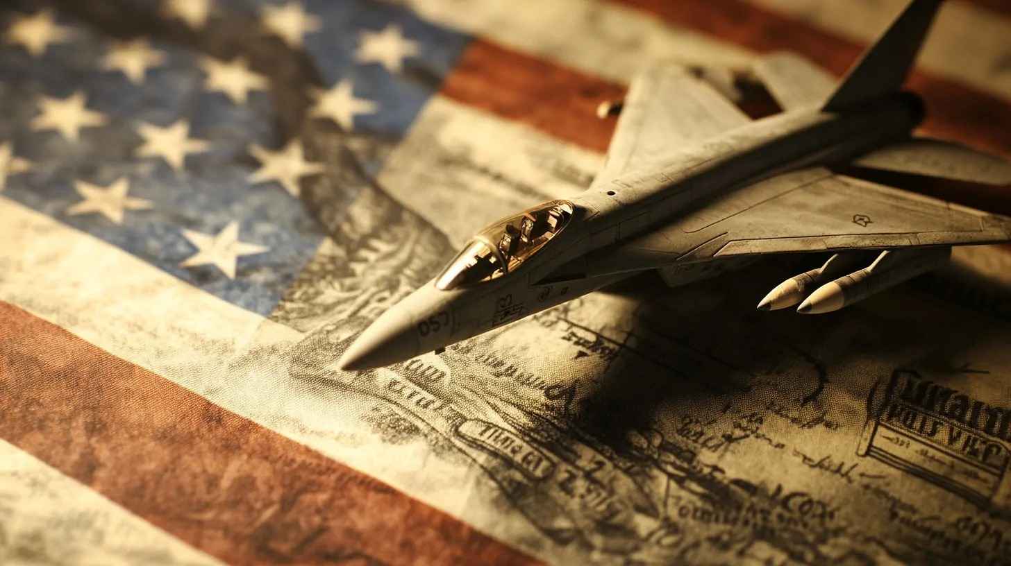 A model military fighter jet sits atop a U.S. flag and old military documents, symbolizing the intersection of national defense and service member support