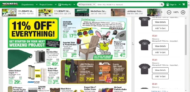 Menards weekly flyer showing promotions, separate from Menards military discount deals
