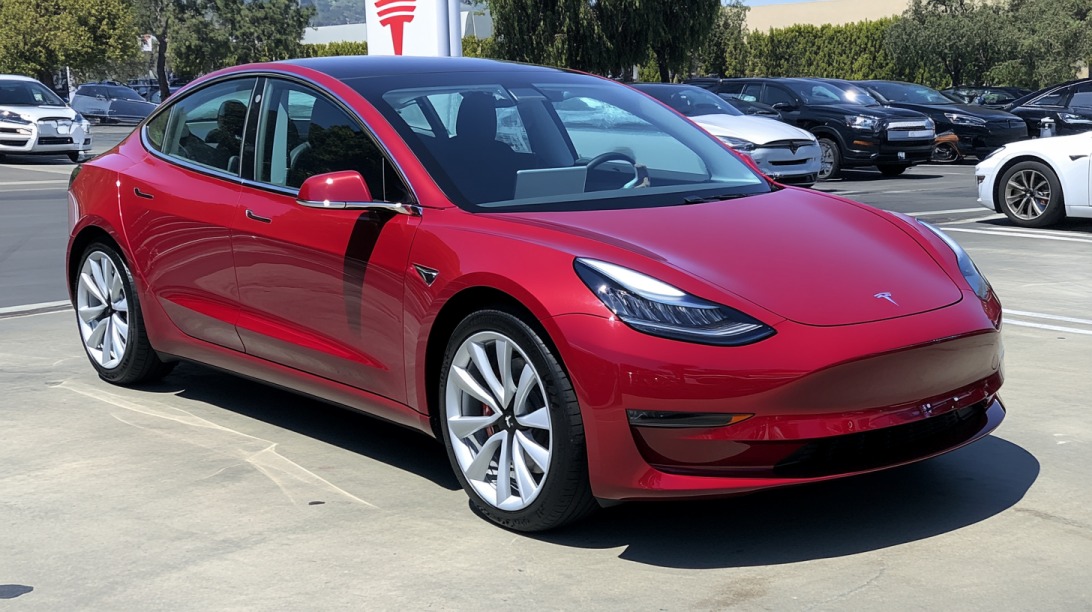 A red Tesla Model 3 parked in a dealership lot on a sunny day