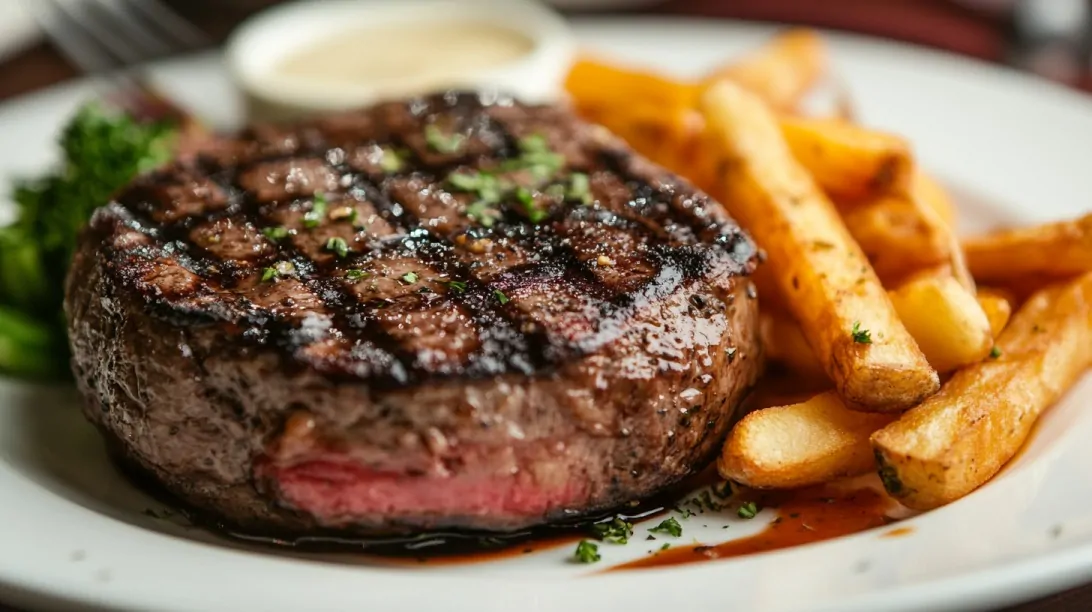 Grilled steak with fries on a white plate
