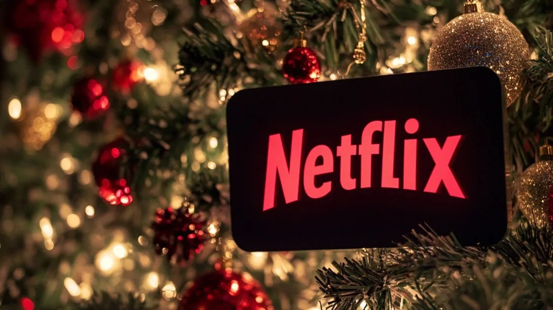 A glowing Netflix logo surrounded by Christmas ornaments and twinkling lights on a festive tree
