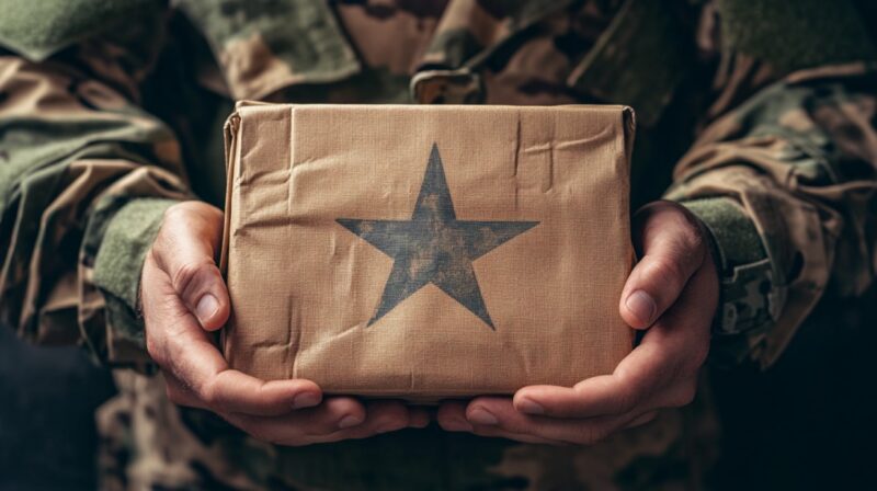 A person in military uniform holding a brown package with a black star, representing military shipping or discounts