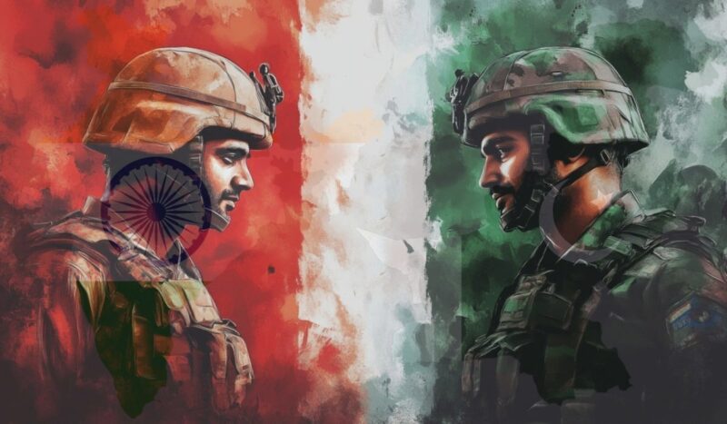 Illustration of Indian and Pakistani soldiers facing each other with national flags in the background