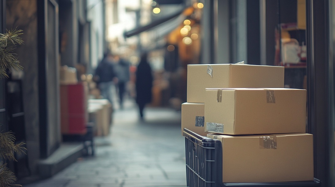 Stack of cardboard shipping boxes on a cart in a busy street, representing Amazon Prime delivery
