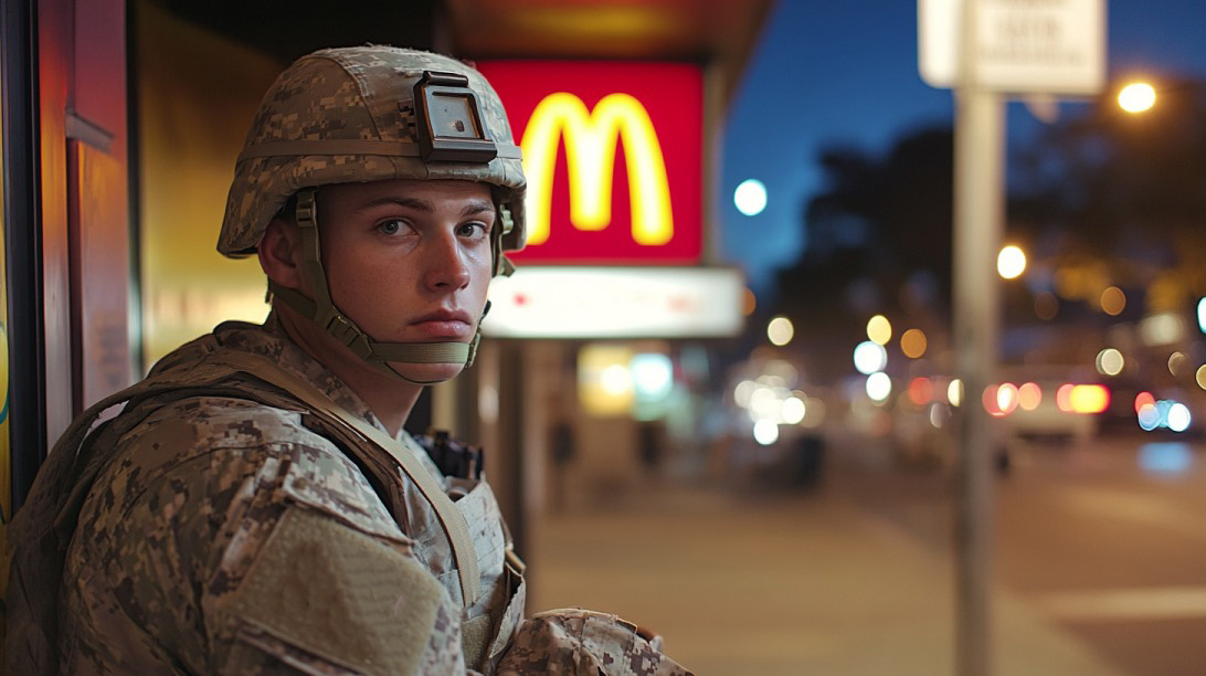 A young person in military uniform standing outside a McDonald’s at night, with the golden arches sign lit in the background