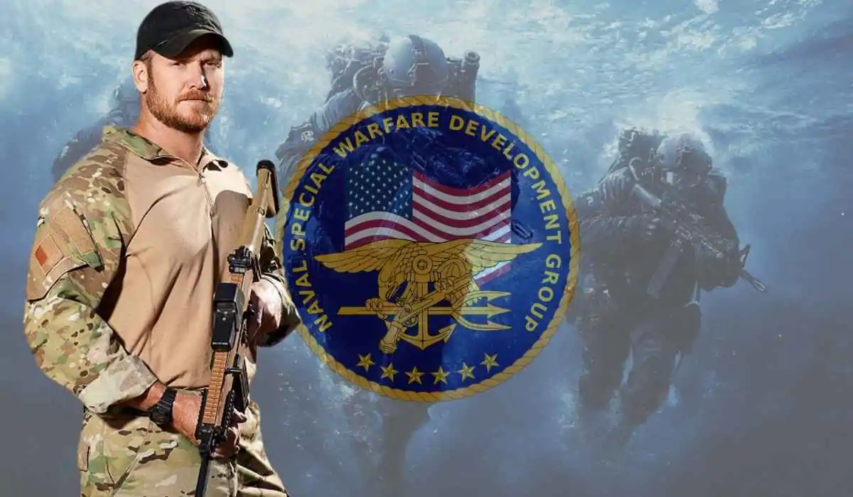 Chris Kyle in military gear holding a rifle, with Navy SEAL insignia and underwater SEAL team in the background