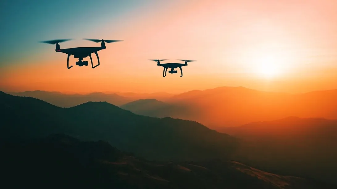 Two surveillance drones fly above a mountain range at sunset, silhouetted against the vibrant orange sky